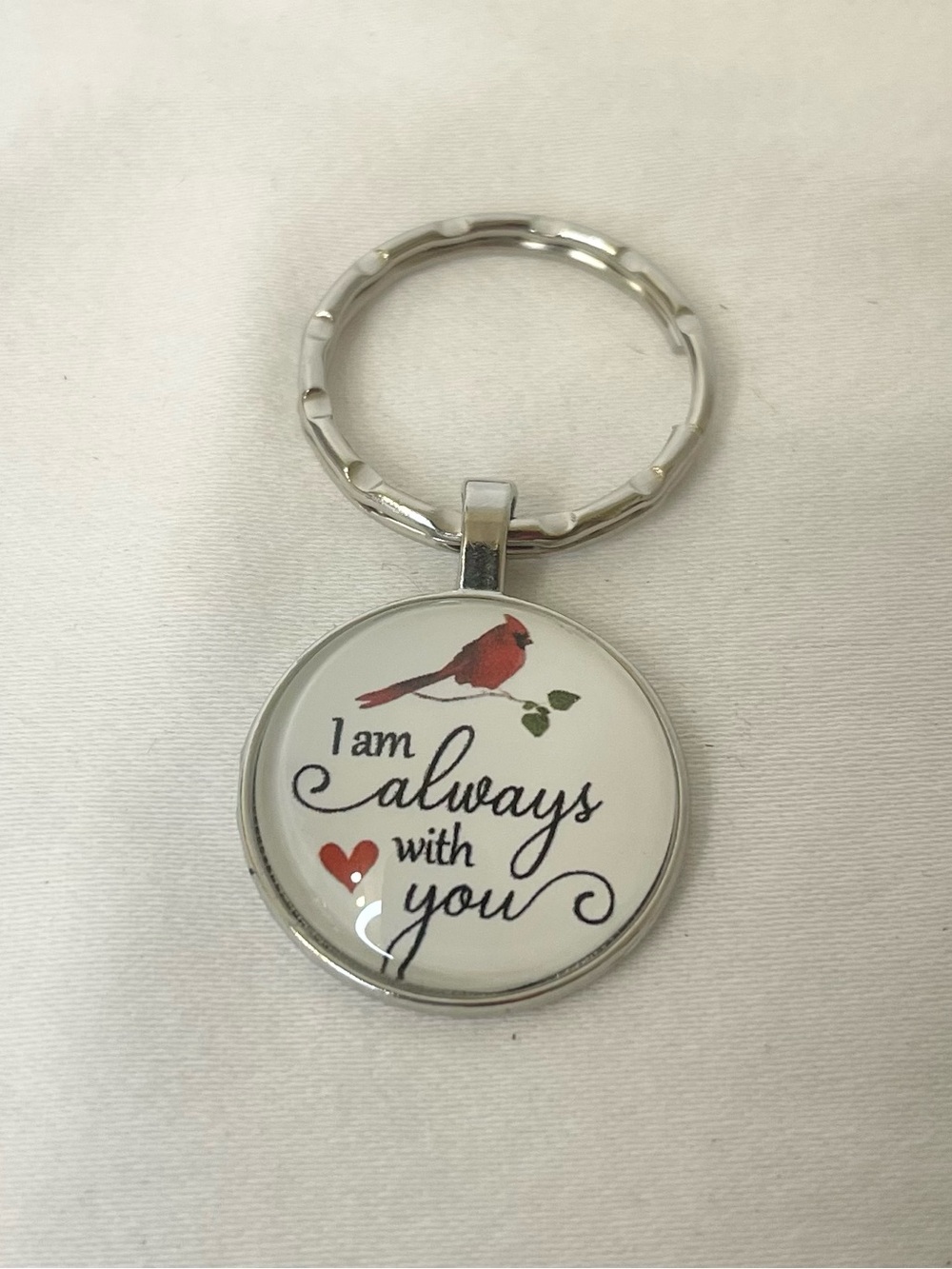 Silver Keychain Pendant with Red Cardinal "I am always with you"